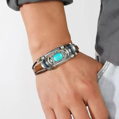 Leather Wrap Bracelets for Women Boho Multi-Layer Turquoise Bracelet Beads Stackable Bangle - color: A-Style
