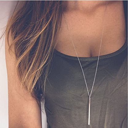 Bar Y Necklace Simple Long Vertical Bar Necklace Long Chian Necklace for Women (Silver)