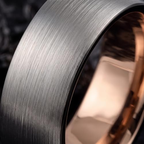 Tungsten Wedding Band Ring 10mm 8mm 6mm 4mm for Men Women 18k Rose Gold Plated Dome Black Grey Brushed Polished - color: 8 Rose Gold Black Grey Tungsten
