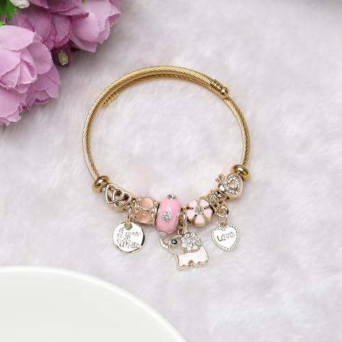 DS Charm Bracelets for girls,exquisite cute cartoon gold friendship bracelets Stainless Steel Bangle with birthday Gift box, Adjustable girls jewelry Suitable for holiday gifts - style: Gold-elephant
