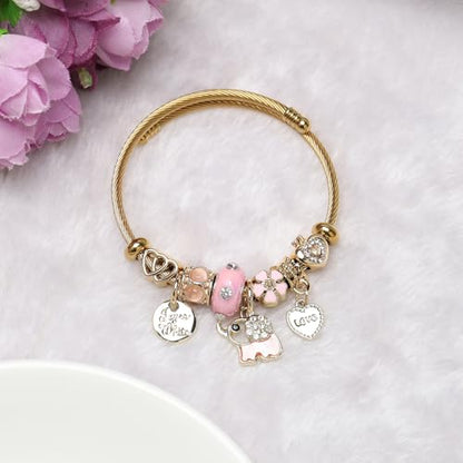 DS Charm Bracelets for girls,exquisite cute cartoon gold friendship bracelets Stainless Steel Bangle with birthday Gift box, Adjustable girls jewelry Suitable for holiday gifts - style: Gold-elephant