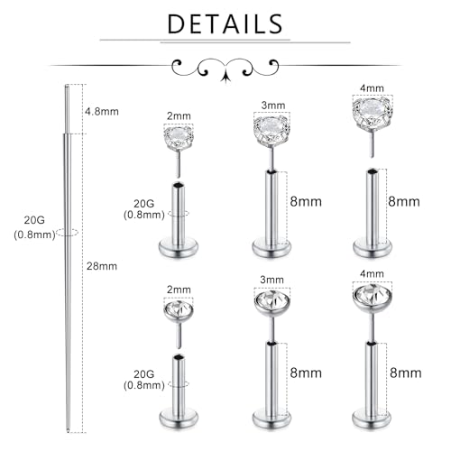 Incaton 18G Threadless Flat Back Stud Earrings For Women Men, 316L Surgical Steel Hypoallergenic Push in Nose Studs CZ Nose Nostril Tragus Helix Labret Studs Lip Rings Piercing Jewelry - color: 3 HOOP + 6 STUD SILVER
