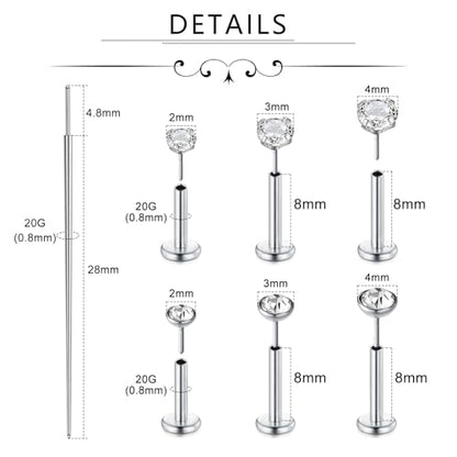 Incaton 18G Threadless Flat Back Stud Earrings For Women Men, 316L Surgical Steel Hypoallergenic Push in Nose Studs CZ Nose Nostril Tragus Helix Labret Studs Lip Rings Piercing Jewelry - color: 3 HOOP + 6 STUD SILVER