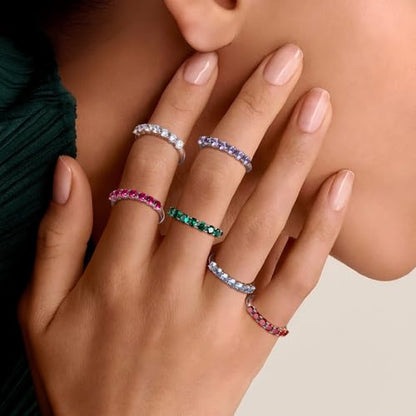 Birthstone Wedding Band Eternity Rings 925 Sterling Silver Rings Stackable Anniversary Engagement Rings Cubic Zirconia Inlaid Created Garnet/Amethyst/Sapphire Ring 7 Stone Ring, Size 6 to 10 - color: Garnet