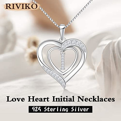 RIVIKO Heart Initial Necklace for Women, 925 Sterling Silver Letter Pendant,Personalized Charm Alphabet Jewelry Valentines Mother's Day Anniversary Christmas Birthday Gifts for Women Her Mom Wife - color: Letter-I