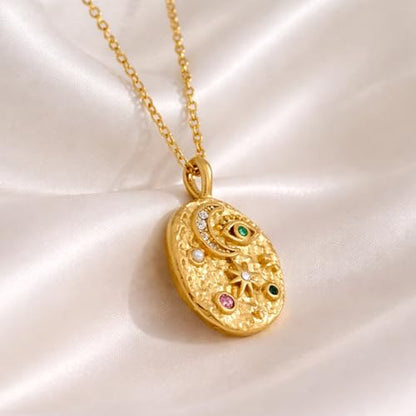 Evil Eye Necklace For Women - 18K Gold Plated Stainless Steel Celestial Moon North Star Eye CZ Gemstone Pendant - Waterproof - Anti-tarnish - Protection Jewelry Gift - style: Moon Star Eye