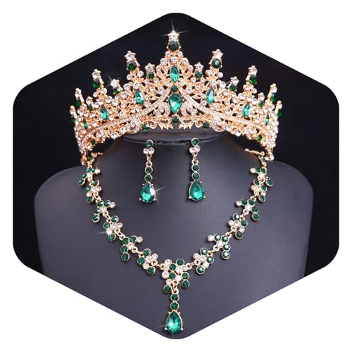 Crystal Crown and Tiara Jewelry Set for Women Bride with Necklace Earrings | Metal Rhinestone Royal Queen Princess Jewelry Set Wedding Quinceanera Pageant Prom Birthday Halloween Party Costume Gift - color: Green