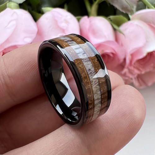 TUTISS 8mm Silver Black Tungsten Rings for Men Women Wedding Bands Whisky Barrel Wood Deer Antler Inlay Flat Polished Shiny Comfort Fit - color: 8mm Black Tungsten