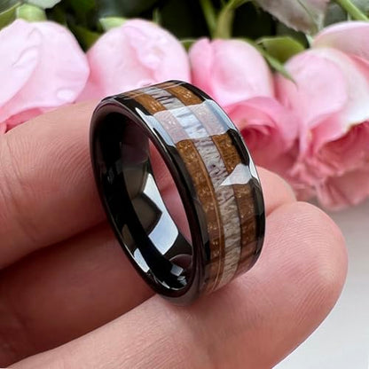 TUTISS 8mm Silver Black Tungsten Rings for Men Women Wedding Bands Whisky Barrel Wood Deer Antler Inlay Flat Polished Shiny Comfort Fit - color: 8mm Black Tungsten