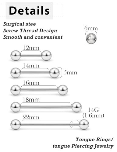 Surgical Stainless Steel Tongue Rings/tongue Piercing Jewelry Set for Women Men, Hypoallergenic Body Jewelry, Silver, 14G 12/14/16/19/22mm, 11Pcs Pack Daily Party Wear