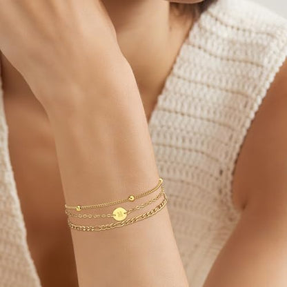18K Gold Plated Initial Bracelets for Women - Stainless Steel Layered Letter Charm Bracelet A to Z - Gold Jewelry Christmas Birthday Gifts - color: L