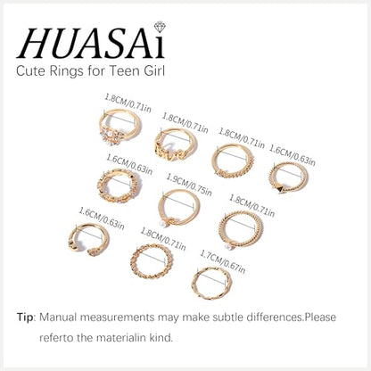 HUASAI Gold Stackable Rings Set for Women Boho Dainty Moon Star Pearl Leaf Cubic Zirconia Heart Midi Pinky Trendy Jewelry Birthday Gifts - color: K Gold Rings 10 Pcs