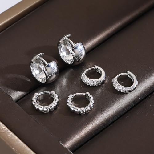 3 Pairs Huggie Hoop Earring Set 18K Gold Plated Cubic Zirconia Cartilage Earrings, Multi Piercings Ear Jacket Earring Climber Stud Earring for Women Everyday Earrings - color: 3 Silver Hoop
