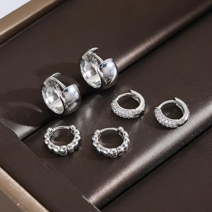 3 Pairs Huggie Hoop Earring Set 18K Gold Plated Cubic Zirconia Cartilage Earrings, Multi Piercings Ear Jacket Earring Climber Stud Earring for Women Everyday Earrings - color: 3 Silver Hoop