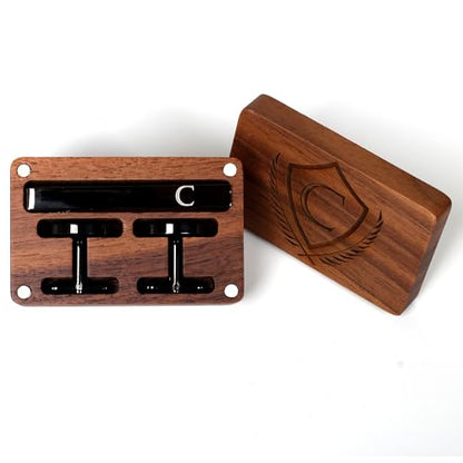 Mens Initial Cufflinks and Tie Clip A-Z Alphabet Letter Black Stainless Cuff Links Tie Bar with Engraved Walnut Wood Box Groom Groomsman Wedding Set - style: Classic-C