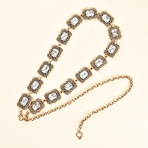 ILuvatar Green Glass Diamond Chain Belt - Metal Women's Western Style Dress Belt - color: Golden-u3