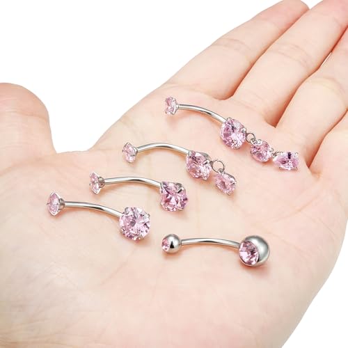 Vsnnsns 14G Dangle Belly Button Ring Piercing Jewelry 316L Stainless Surgical Steel Round Heart Cubic Zirconia Navel Rings Dangling Belly Button Ring Piercing Jewelry for Women 14 Gauge Hypoallergenic - color: Silver-14MM Bar-Pink CZ