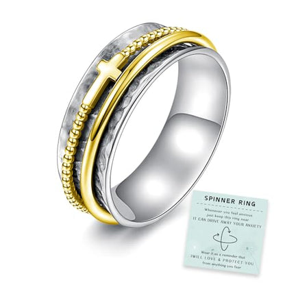 Sariel Cross Fidget Ring for Women - 925 Sterling Silver Spinner Rings Spinning Band Rings Wide Hammered - color: Gold