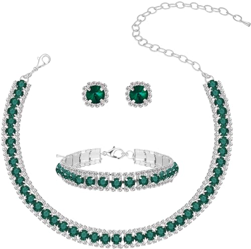 Women Rhinestone Crystal Jewelry Set Crystal Tennis Design Rhinestone Choker Necklace Link Bracelet Teardrop Earrings Set Wedding Bridal Bridesmaids Party - color: Green (Silver)
