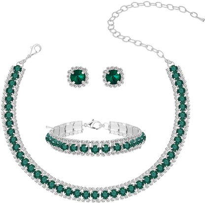 Women Rhinestone Crystal Jewelry Set Crystal Tennis Design Rhinestone Choker Necklace Link Bracelet Teardrop Earrings Set Wedding Bridal Bridesmaids Party - color: Green (Silver)