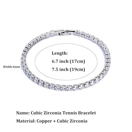 GulCean 14K Gold Plated 4mm Cubic Zirconia Classic Tennis Bracelet Copper CZ Charm Iced Out Tennis Bracelet for Women Men Size 6.7inch 7.5 inch - color: Silver, size: 7.5inch(19cm)