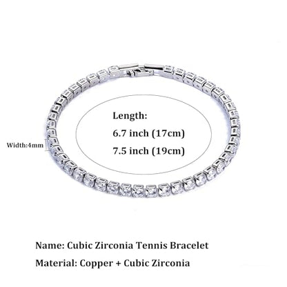 GulCean 14K Gold Plated 4mm Cubic Zirconia Classic Tennis Bracelet Copper CZ Charm Iced Out Tennis Bracelet for Women Men Size 6.7inch 7.5 inch - color: Silver, size: 7.5inch(19cm)
