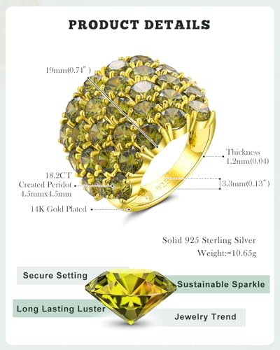 925 Sterling Silver Pave Birthstone Chunky Statement Rings for Women Men | 14K Gold Plated/Silver Large Dome Ring Birthday Cocktail Jewelry,Size 6 to 10(with Gift Box) - color: 08-Created Peridot-Aug.