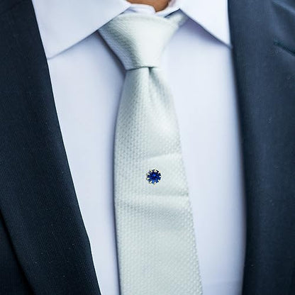 HAWSON Mens Tie Tack with Chain Round Crystal Wedding Business Accessories - color: Gold + Capri Blue