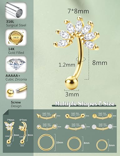 Ubjuliwa 12pcs 16G Rook Piercing Jewelry Eyebrow Rings Stainless Steel Belly Lip Ring Cartilage Hoop Rook Daith Earrings Tragus CZ Body Piercing Curved Barbell