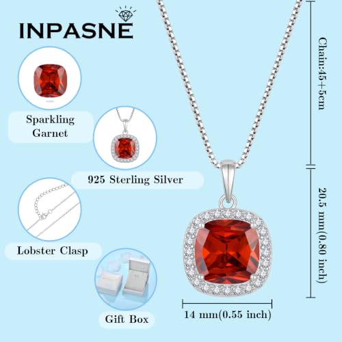 Birthstone Necklace for Women 925 Sterling Silver Princess Cut Halo Necklace Pendant Jewelry for Mom Wife - color: Deep Red