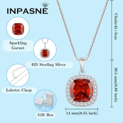 Birthstone Necklace for Women 925 Sterling Silver Princess Cut Halo Necklace Pendant Jewelry for Mom Wife - color: Deep Red