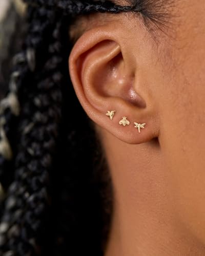 3 Pair Tiny Flat Back Earrings for Women - 14K Gold/White Gold Plated Dainty Cute Small Screw Flatback Stud Earring, Everyday Wear Gift - color: Hummingbird Bee Dragonfly Flat-5/6/6mm Gold