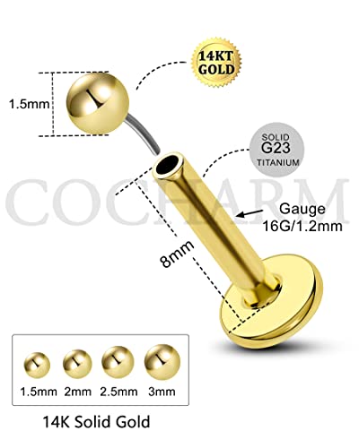 COCHARM 14K Solid Gold Helix Cartilage Tragus Earring Stud 16g Yellow Gold Threadless Tragus Cartilage Helix Conch Piercing Jewelry Flat Back Lip Labret Medusa Monroe Piercing Stud - color: 1.5mm Top, size: 8mm Length