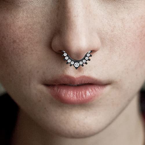 Fake Nose Ring Hoop Double Fake Septum Rings Fake Nose Piercing Clip on Earring Hoops Faux Nose Rings Lip Ring - color: A22-silver+black