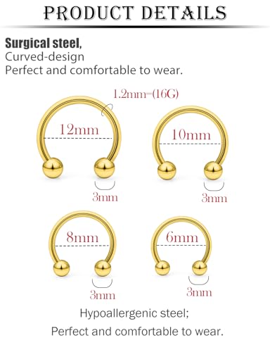 16G Horseshoe Septum Rings 6/8/10/12mm with Tool & Ball Grabber,Hypoallergenic for Nose,Rook,Cartilage,Helix,Lips-Silver Gold 316L Surgical Steel Septum Piercing jewelry - color: Gold Plated Horseshoe Ring 6-12mm + Ball + Tool