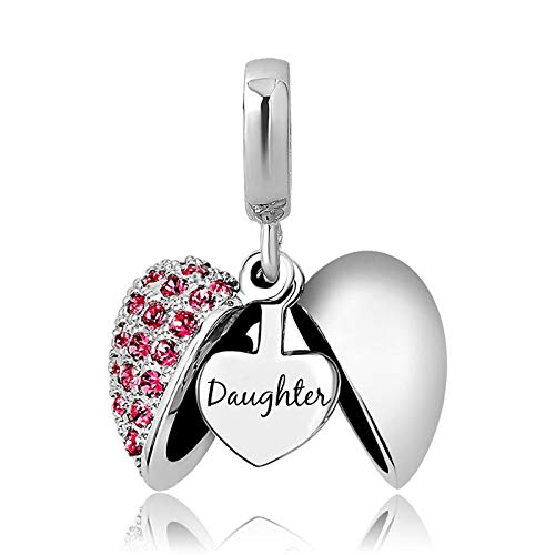KunBead Daughter Heart I Love You Birthstone Dangle Charms Compatible with Pandora Bracelet Gift for Womens Birthday - color: Red