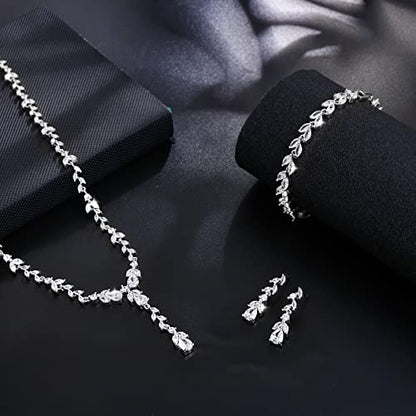 Bridal Wedding Jewelry CZ Set Marquise Teardrop Cubic Zirconia Pendant Necklace and Dangle Earring Bracelet Sets for Women - color: White Gold - 03