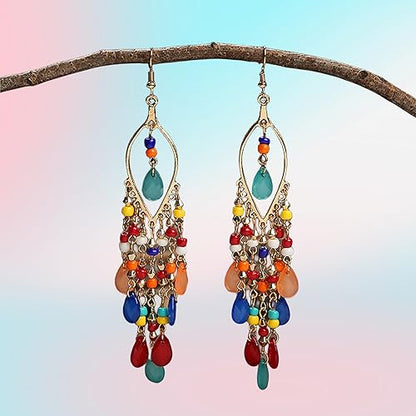 Essencedelight Crystal Beaded Tassel Earring Long Beaded Dangle Earring Fringe Hook Earring for Women Bridal Wedding - color: mixed color
