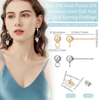 Beebeecraft 100Pcs 2 Colors Ball Post Earring Findings 24K Gold Plated Stainless Steel Globosity Round Stud Earrings with Loop Ear Nuts for Jewelry Earrings Making, 4mm Ball - color: Gold & Stainless Steel Color