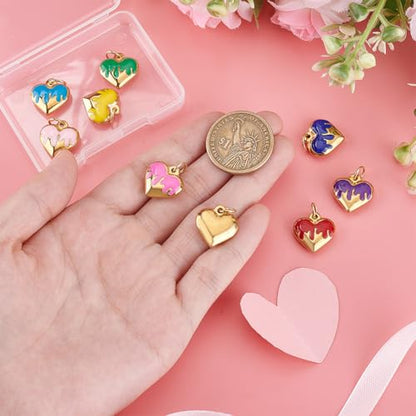 PH PandaHall 9pcs Heart Pendants, 9 Colors Golden Stainless Steel Charm 3D Love Heart Dangle Colorful Enamel Charms for Jewelry Findings Necklaces Bracelets Making