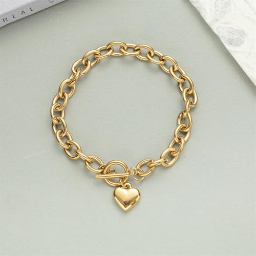 14K Gold Silver Tone Women’s Heart Charm Bracelets Toggle Clasp Stainless Steel Link Bracelet Minimalist Jewelry 7.5” - color: polish heart-gold