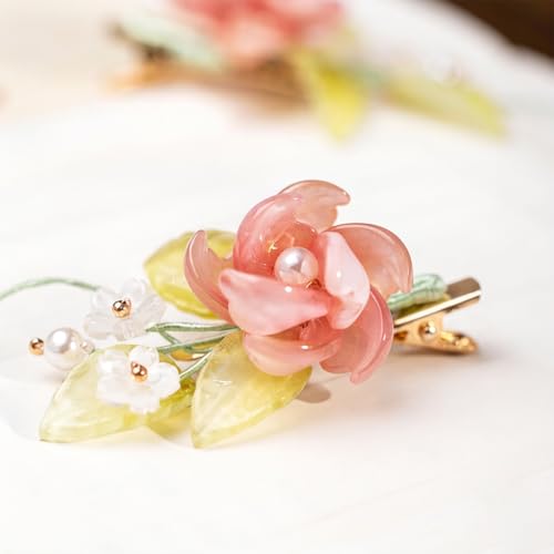 A Pair Wedding Hair Clips, Handmade Floral Design Crystal Hair Clips Pearl Barrettes, Rhinestones Flower Clips Pearl Headpieces Hair Pins Hair Accessories for Women Girls (Green&Pink) - color: Green&Pink