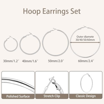 4/6 Pairs 14K Gold Plated Silver Hoop Earrings Set for Women Hypoallergenic | 30 40 50 60 mm, Lightweight Thin Hoops, 316L Surgical Stainless Steel for Sensitive Ears, Everyday Wear to Evening Outfits - color: 4 Pairs(30/40/50/60mm)-Silver