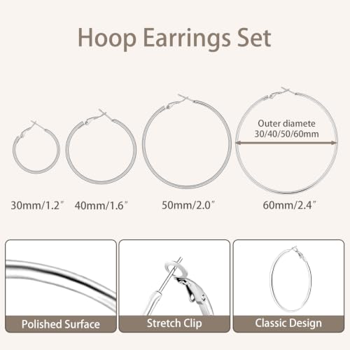 4/6 Pairs 14K Gold Plated Silver Hoop Earrings Set for Women Hypoallergenic | 30 40 50 60 mm, Lightweight Thin Hoops, 316L Surgical Stainless Steel for Sensitive Ears, Everyday Wear to Evening Outfits - color: 4 Pairs(30/40/50/60mm)-Silver