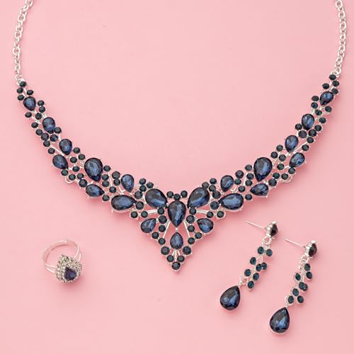 Paxuan Crystal Bridal Wedding Jewelry Sets for Women Rhinestone Teardrop Crystal Statement Choker Necklace Drop Earrings Link Bracelets Rings Teardrop Jewelry Set for Brides Bridesmaids - color: Silver Plated Sapphire Blue Crystal