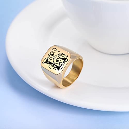 INBLUE Personalized Engraved Initial Monogram Signet Rings for Man Women Stainless Steel Rings Customize Jewelry with Ring Size Adjuster - color: Gold: Initial