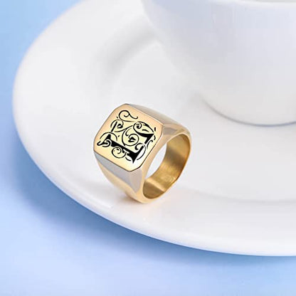 INBLUE Personalized Engraved Initial Monogram Signet Rings for Man Women Stainless Steel Rings Customize Jewelry with Ring Size Adjuster - color: Gold: Initial