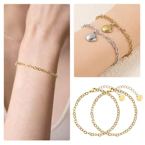 UMAOKANG 10pcs Gold Embossed Oval Chain Bracelet Bulk for Jewelry Making | PVD Gold Plated Stainless Steel Bracelet Adjustable Hand Chains DIY Jewelry Supplies - color: 10pcs Oval Gold