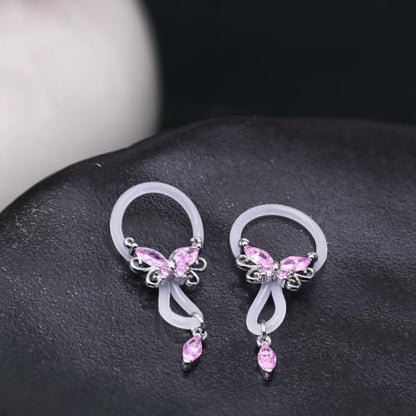 2 Pcs Butterfly Fake Nipple Rings for Women, CZ Nipple Noose Nipple Jewelry Non Piercing Dangle Nipple Ring, Non Pierced Nipple Body Jewelry - color: silver pink