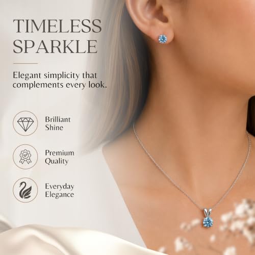 B. BRILLIANT Sterling Silver Small Dainty Crystal Solitaire Necklace & Stud Earrings Birthstone Jewelry Set for Women Bridesmaids - color: March - Light Blue